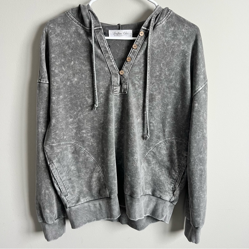 Women’s Gray Hooded Sweatshirt with Button Detail, Size Small